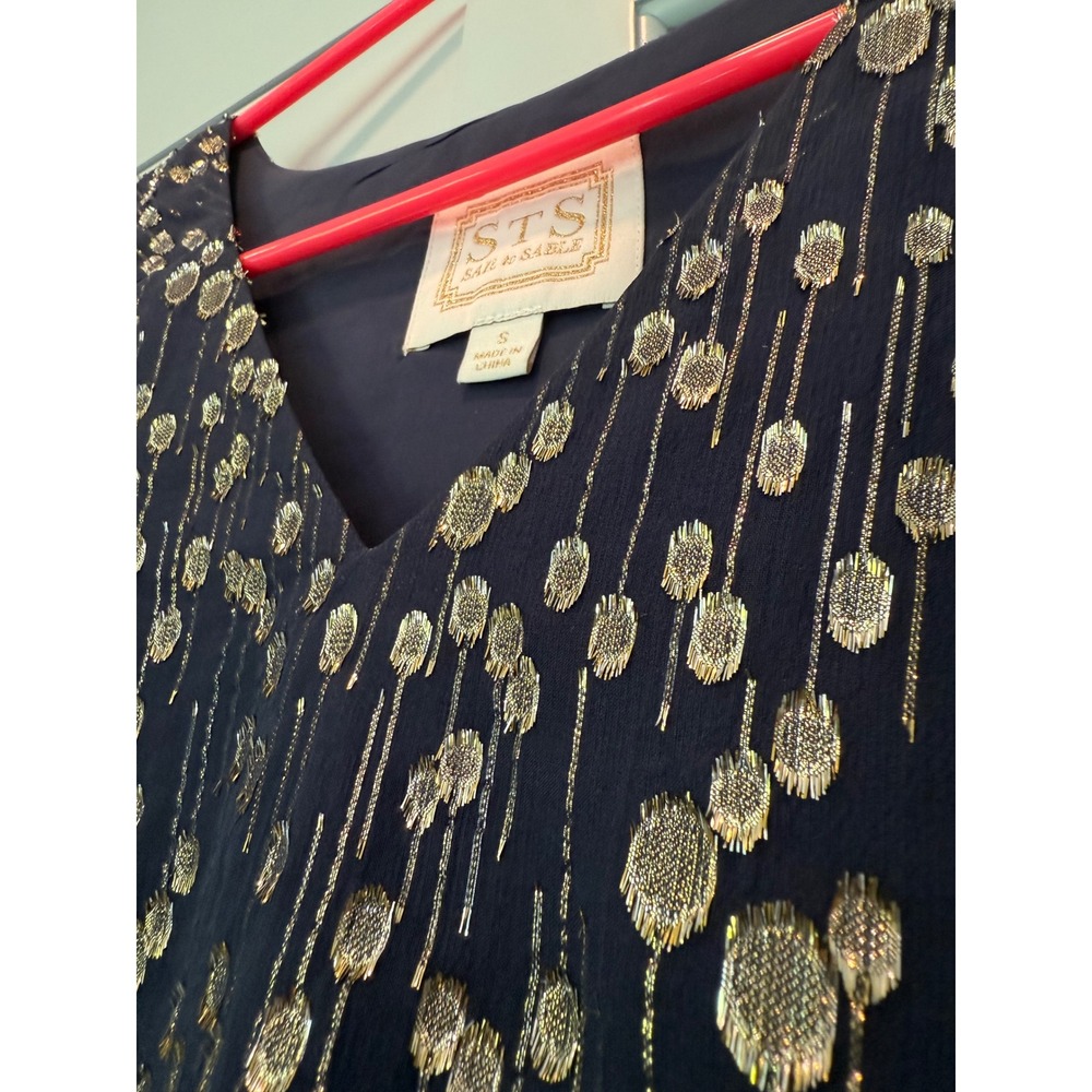 Sail to Sable STS Navy Gold Metallic Blouse Smocked Poet Cuff S heritage silk